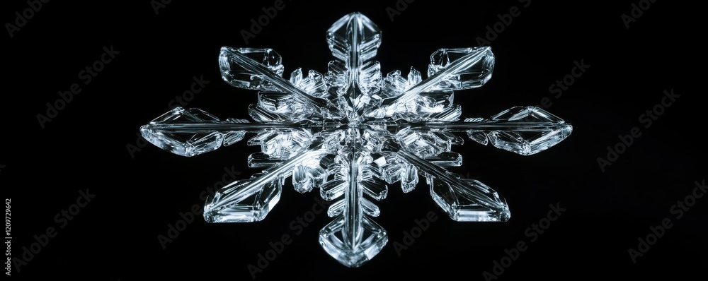 Poster a photorealistic image of a snowflake falling from the sky, its intricate crystal structure capturin