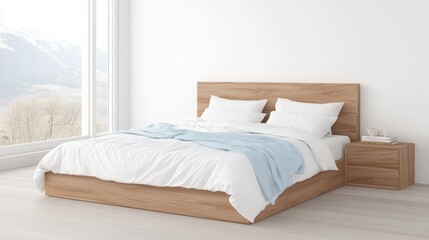 A cozy room features a neatly made bed adorned with a soft blue blanket, creating a tranquil and inviting atmosphere for relaxation.