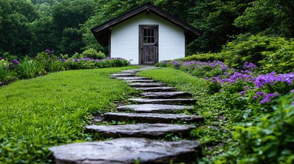 Stone path to garden shed in lush woodland. Use Website, brochure