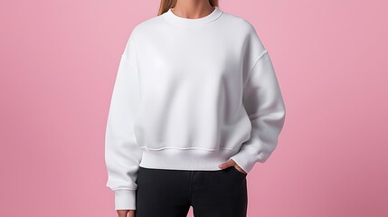 Woman wearing a white crew neck sweatshirt