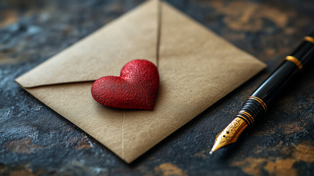 An envelope and a red heart. A declaration of love in a letter.