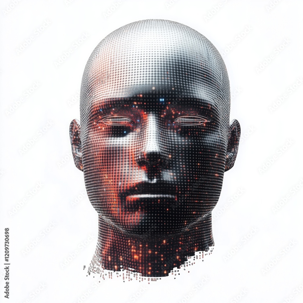 Poster digital human head model with artificial design elements and intricate details isolated on a white b