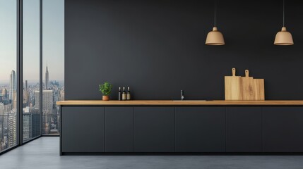 A bright kitchen featuring a spacious wooden counter and a large window that illuminates the room with natural light.