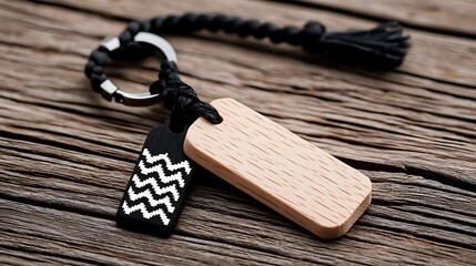 Wooden and Black Keychain with Wave Pattern