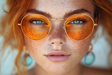 A close-up portrait of a woman showcasing her beauty, with a focus on her eyes, makeup, and elegant features, creating a glamorous and colorful studio look
