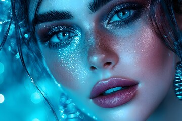 A close-up portrait of a woman showcasing her beauty, with a focus on her eyes, makeup, and elegant features, creating a glamorous and colorful studio look