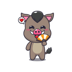 boar mascot cartoon character vector illustration with hand fan.