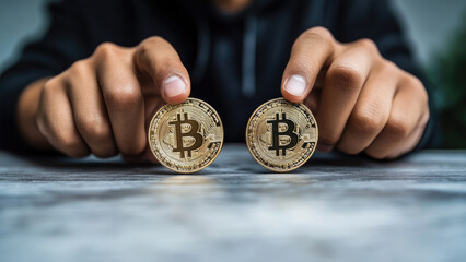 Close-Up of Hands Displaying Cryptocurrency Coins on a Rustic Surface
