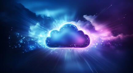 Digital cloud icon surrounded by glowing data particles in a futuristic setting