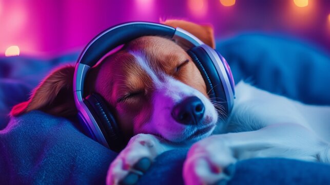 Dog relaxes in cozy spot while listening to music with headphones in a colorful setting