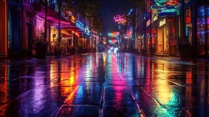 Neon Reflections in a Rainy City Street