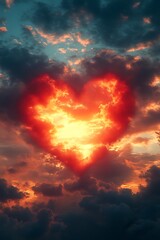 Fototapeta premium Fiery heart-shaped cloud at sunset.