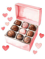 Charming box of chocolates nestled among whimsical hearts in a delightful watercolor style, perfect for celebrating love and affection