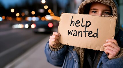 Young Woman Seeking Employment Holds Help Wanted Sign at Night