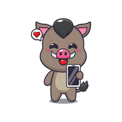 boar mascot cartoon character vector illustration with mobile phone.