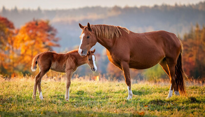 Fototapeta premium A chestnut mare and her young foal stand in a golden autumn field with colorful fall foliage in the background.