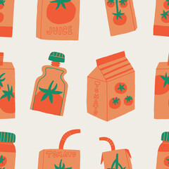 Tomato Juice Package Seamless Pattern. Cherry Tomatoes Vegetable Collection Wallpaper Background. Vector Hand Drawn Surface Design