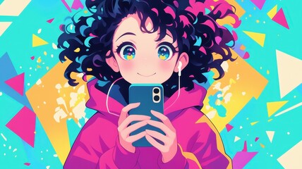Vibrant Anime Girl with Curly Hair Using Smartphone and Earbuds Against a Geometric Background