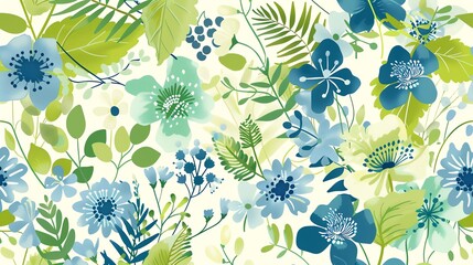 A seamless pattern of blue and green flowers on a white background.