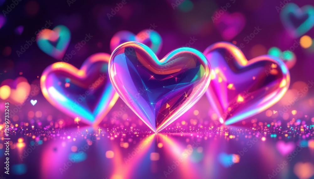Poster vibrant neon hearts with sparkling bokeh in a colorful background