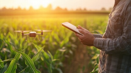 Farmer using drone technology to monitor crops at sunset in a lush green field