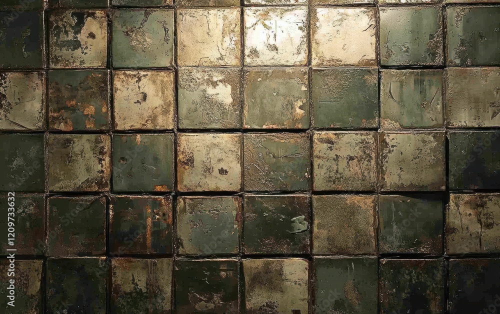 Poster a vibrant wall composed of green and brown tiles illuminated by a soft light, showcasing a unique de