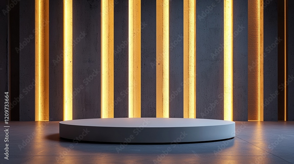 Poster a floating podium setup in a minimalist design illuminated by gentle ambient light