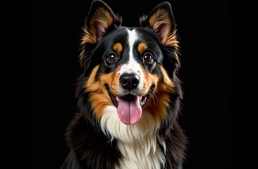 Fototapeta premium Cute Australian Shepherd dog with paint roller on black background, closeup