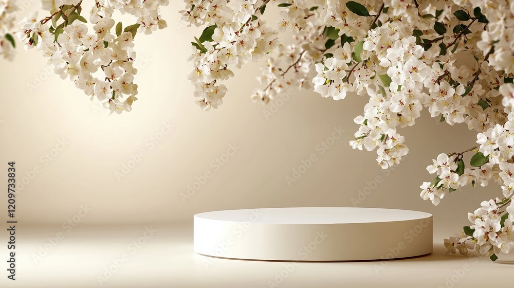 Poster A floating white podium illuminated by soft diffused light, surrounded by a light cream background