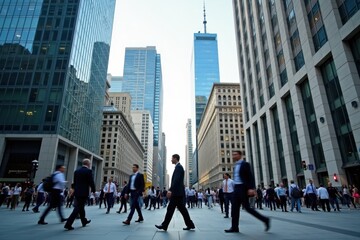Obraz premium A panoramic view of a financial district with skyscrapers and the corporate headquarters of major banks. In the foreground, there are people in business attire walking briskly