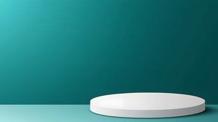A polished white podium with a gradient teal background, providing space for showcasing a product.