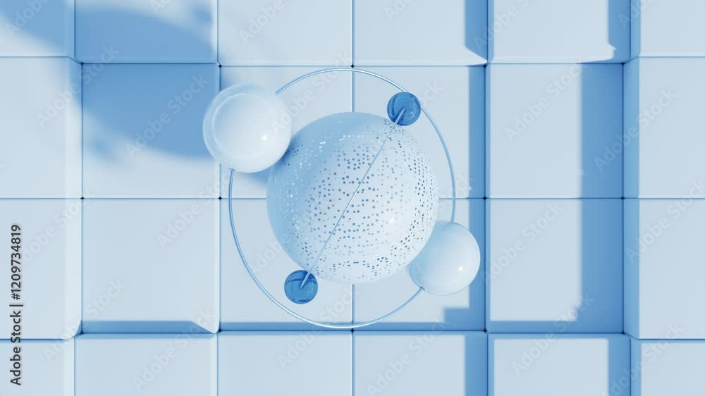 Poster abstract 3d minimalist blue monochrome animation – floating spheres of various sizes in seamless loo