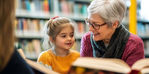 Child and Senior Reading Books in a Library Together with Bookshelves Background View