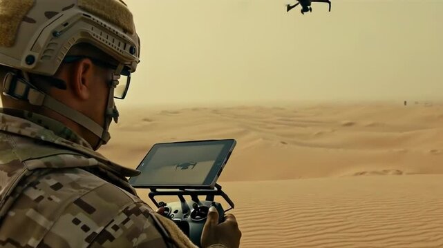 Military soldier piloting drone in desert surveillance operation