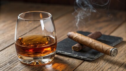 cigar and whiskey on the wooden table