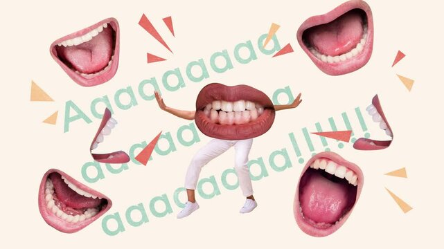 Creative poster motion trend collage video of anonym girl instead head mouth scream bullying society problem yell abuse
