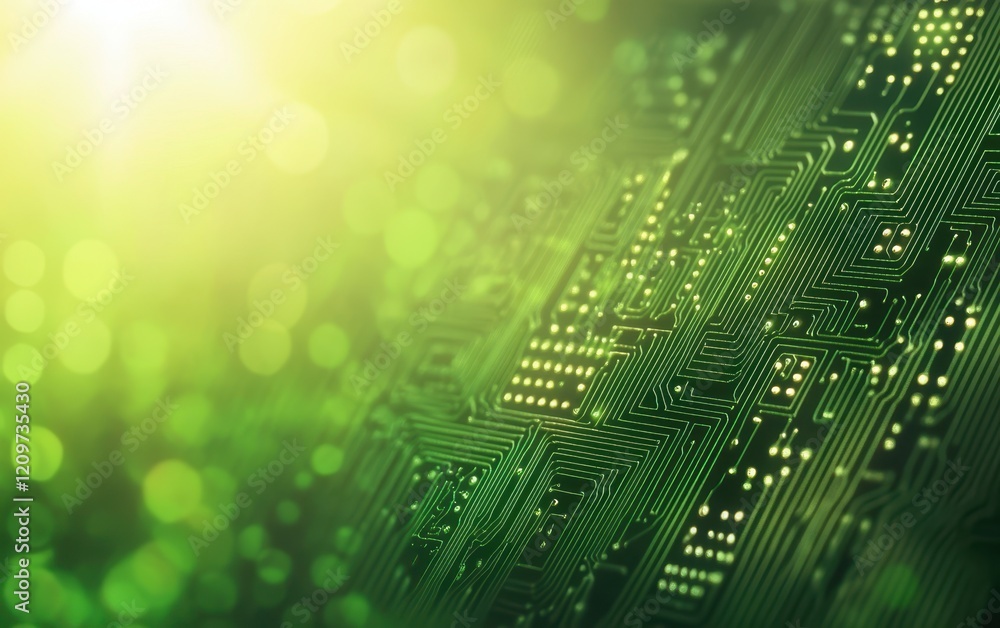 Poster a detailed close-up of a computer circuit board illuminated by numerous green lights, showcasing int