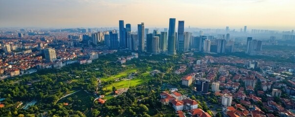 Naklejka premium Aerial view of a bustling urban area with modern architecture and green parks.
