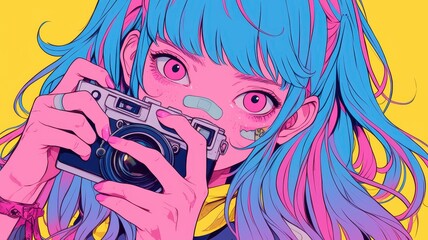Naklejka premium Vibrant Anime Girl with Blue and Pink Hair Holding Retro Camera