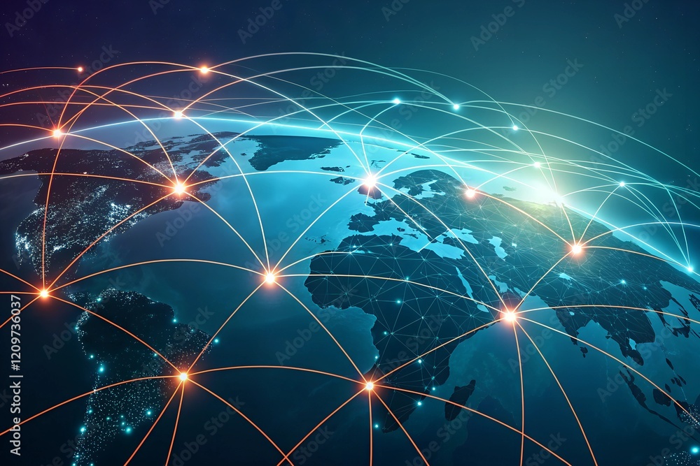 Poster futuristic global network: a mesmerizing visualization of interconnectedness spanning the world.