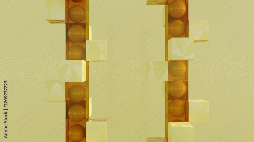 Poster 3d rolling cubes around transparent columns with floating spheres inside – abstract geometric seamle