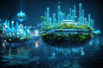 Floating Green Cityscape A Futuristic Island Metropolis