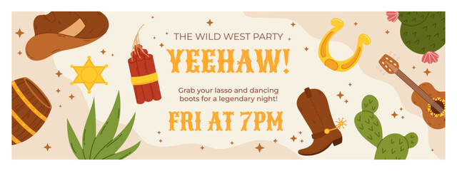 Wild West-themed party horizontal banner invitation featuring cowboy hats, boots, cacti, a sheriff badge, and western props on a festive background