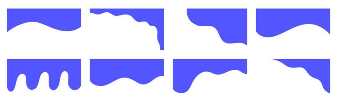 Set of blue abstract wave and drip border shapes. Collection of fluid edge templates for graphic design, banners, posters, and website headers.