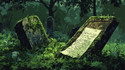 Overgrown headstones and a forgotten letter rest in a shadowed woodland cemetery