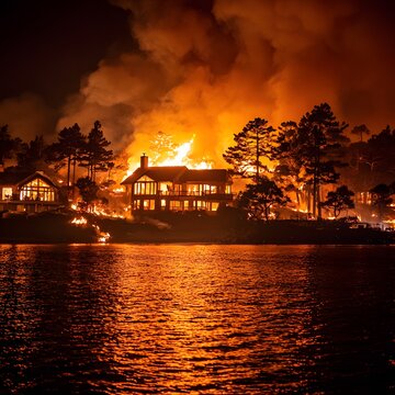 Night Wildfire Engulfing Lakeside Homes