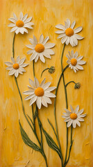 Obraz premium Chamomiles on yellow background, vertical illustration