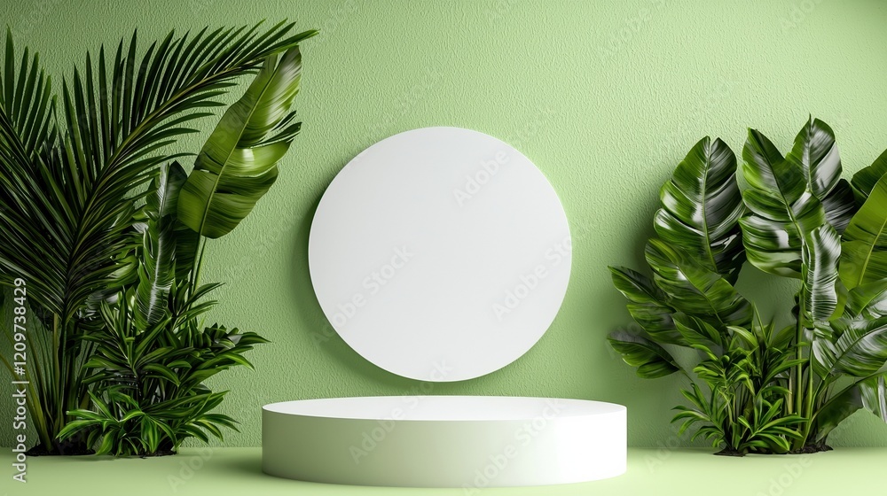 Poster A modern design display with a white circular podium centered on a pale pastel background