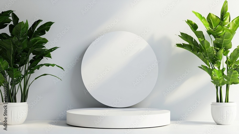 Poster A modern design display with a white circular podium centered on a pale pastel background
