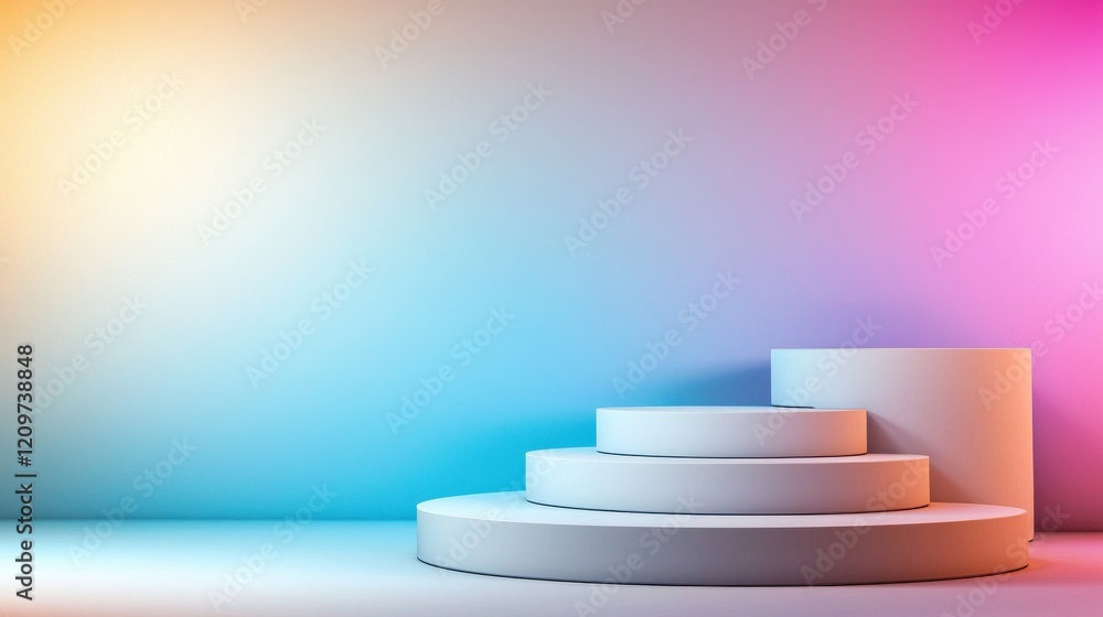 Poster A modern design presentation setup featuring a white round podium with soft shadows and a gradient background